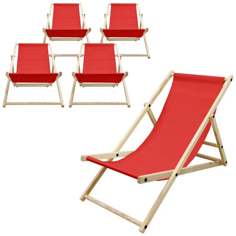 5er Set Liegestuhl klappbar Rot Holz verstellbare Rückenlehne bis 120 kg Sonnenliege Gartenliege Strandliege