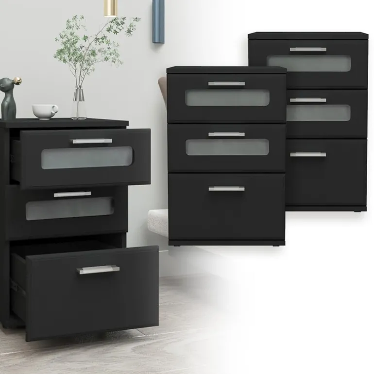 2er Set Nachttisch mit drei Schubladen 40x60x38 cm Schwarz aus Holz ML-Design