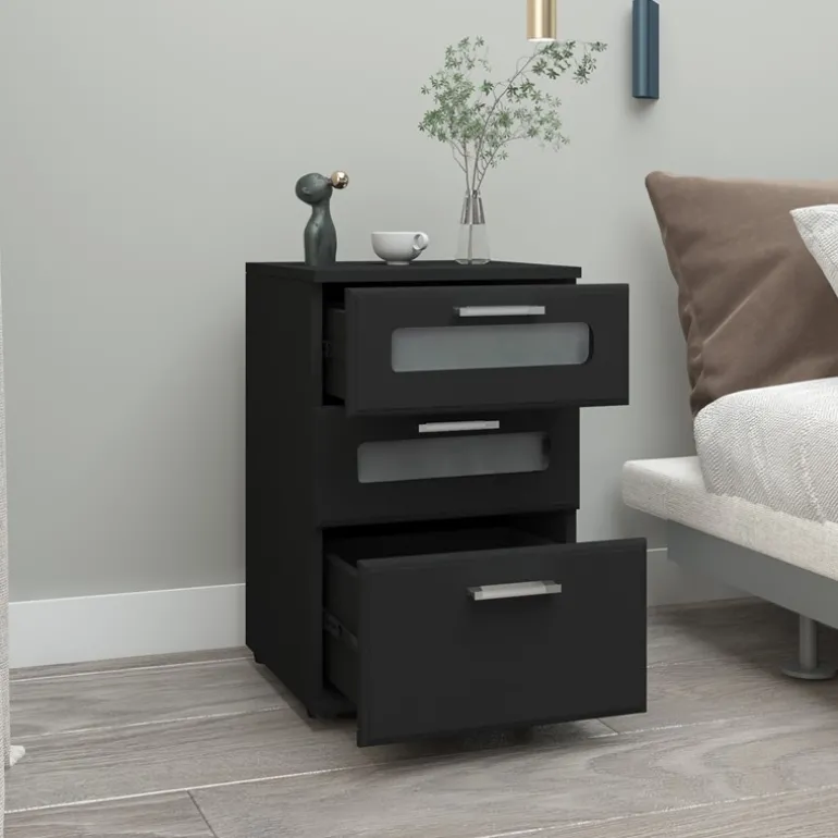 2er Set Nachttisch mit drei Schubladen 40x60x38 cm Schwarz aus Holz ML-Design