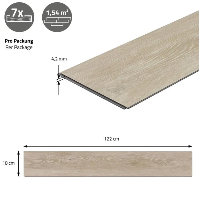 4er Set PVC Vinylboden Bodenbelag 7 Dielen 4,2mm für 1,54m² mit Klick-System Eiche Afterglow ML-Design