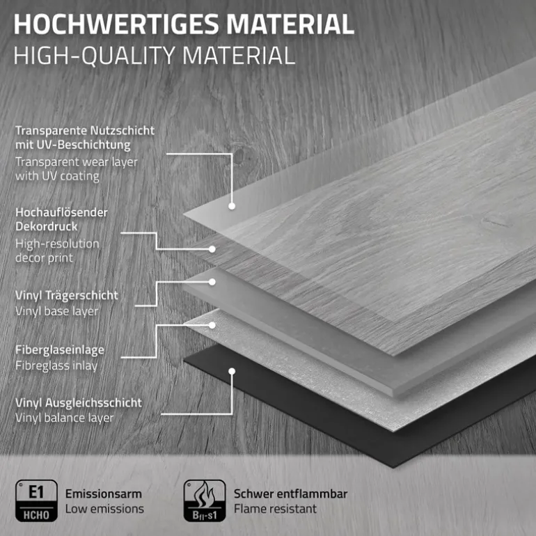 4er Set PVC Vinylboden Bodenbelag 7 Dielen 4,2mm für 1,54m² mit Klick-System Eiche Windswell Hickory ML-Design