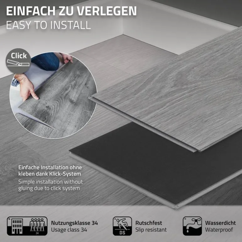 5er Set PVC Vinylboden Bodenbelag 7 Dielen 4,2mm für 1,54m² mit Klick-System Eiche Windswell Hickory ML-Design