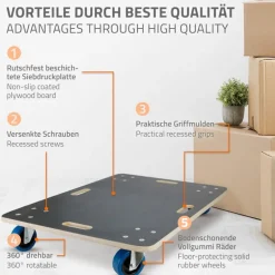 2er Set Rollbrett Möbelroller 60 x 80 cm aus Multiplex Traglast 800 kg
