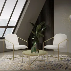 2er Set Sessel Beige mit goldenem Stahlgestell Relaxsessel mit Arm-& Rückenlehne ML-Design