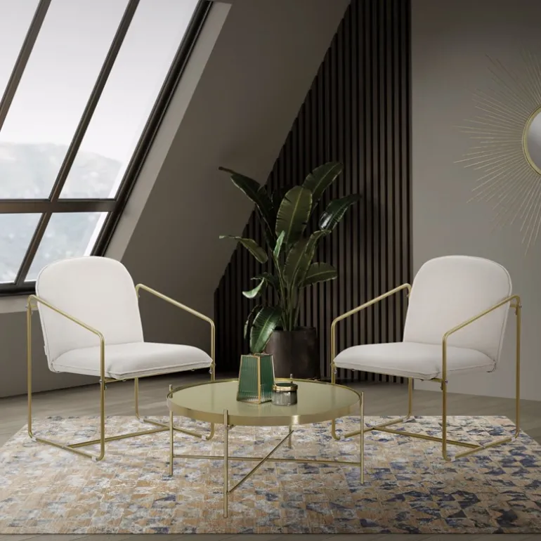 2er Set Sessel Beige mit goldenem Stahlgestell Relaxsessel mit Arm-& Rückenlehne ML-Design
