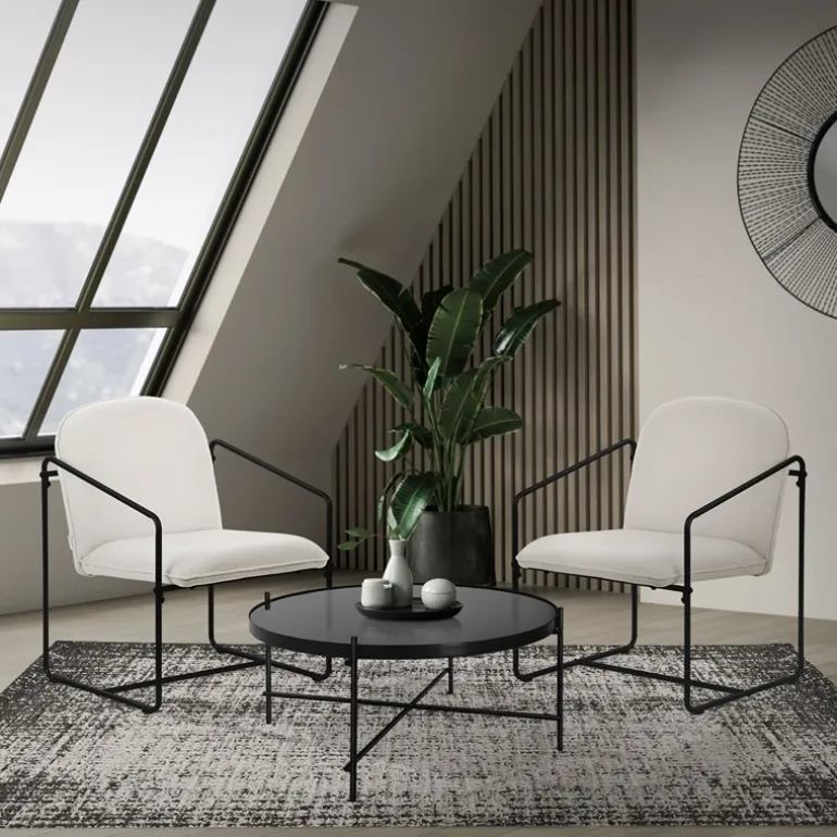 2er Set Sessel Beige mit schwarzem Stahlgestell Relaxsessel mit Arm-& Rückenlehne ML-Design