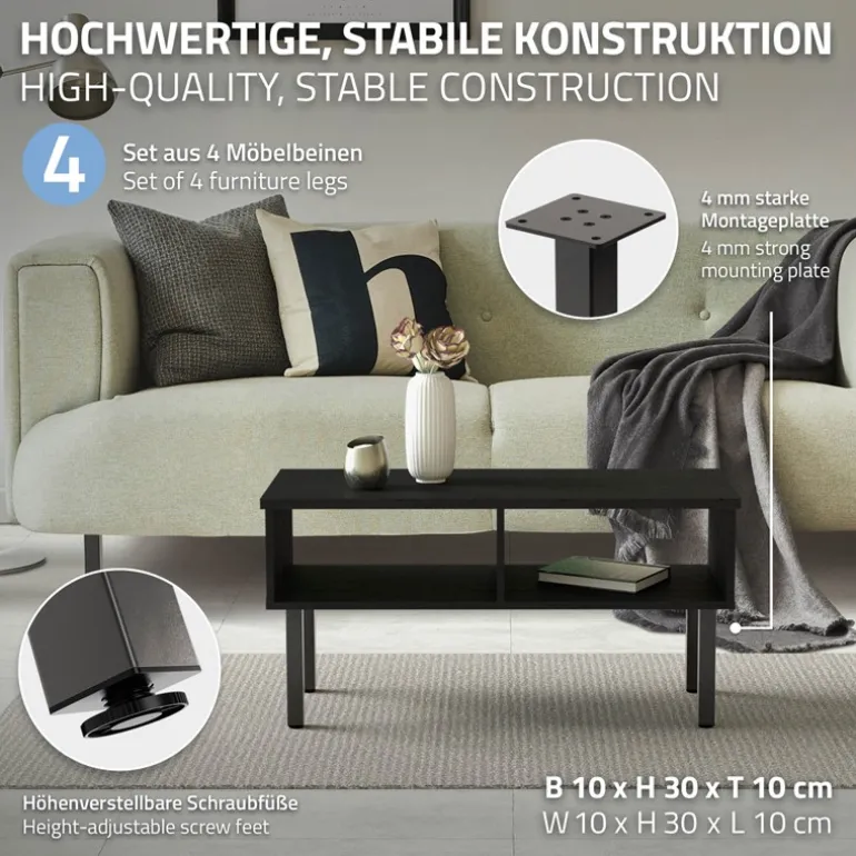 4er Set Tischbeine 30 cm Dunkelgrau Optik Industrial Stahl pulverbeschichtet eckig Profil 4x4cm Höhenverstellbare Möbelfüße 1-4 cm