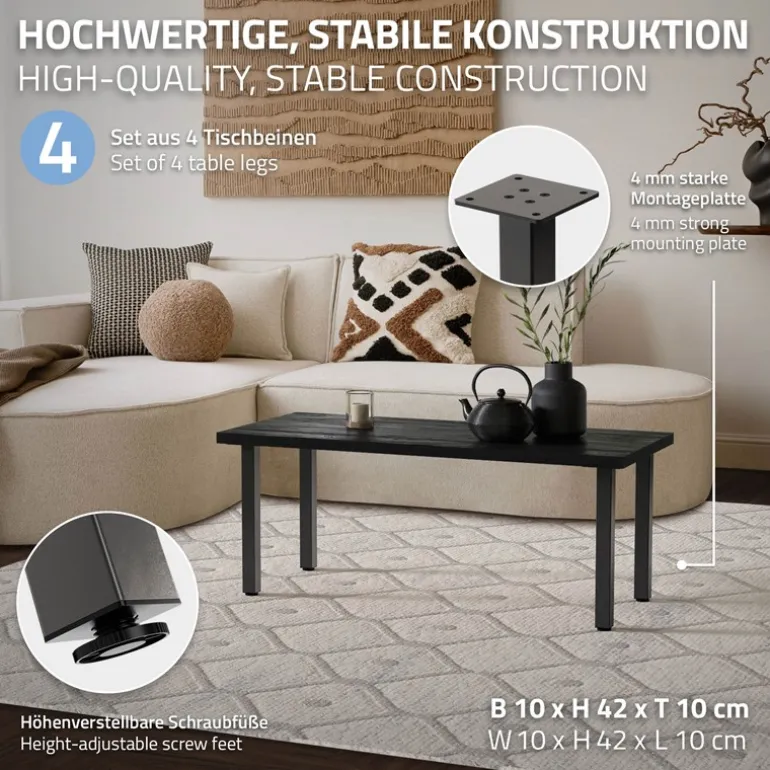 4er Set Tischbeine I-Design 42 cm Dunkelgrau Optik Industrial Stahl pulverbeschichtet eckig Profil 4x4 cm Höhenverstellbare Möbelfüße 1-4 cm