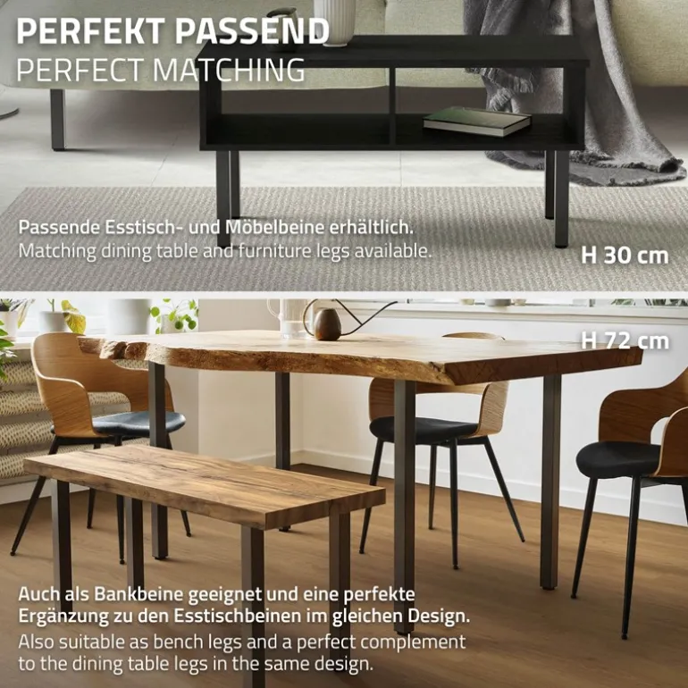 4er Set Tischbeine I-Design 42 cm Dunkelgrau Optik Industrial Stahl pulverbeschichtet eckig Profil 4x4 cm Höhenverstellbare Möbelfüße 1-4 cm