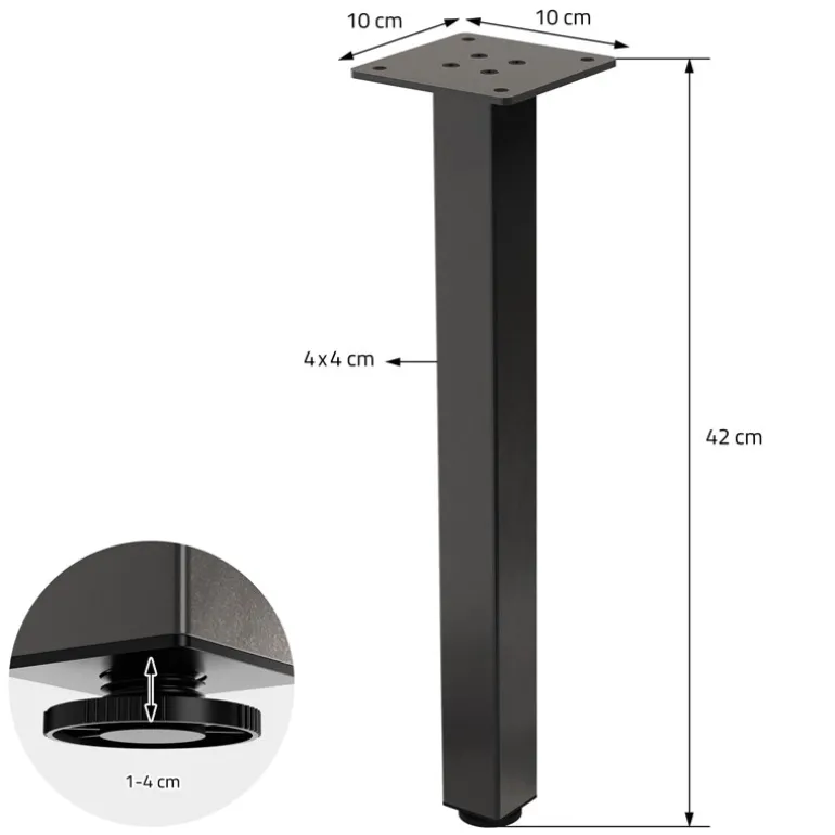 4er Set Tischbeine I-Design 42 cm Dunkelgrau Optik Industrial Stahl pulverbeschichtet eckig Profil 4x4 cm Höhenverstellbare Möbelfüße 1-4 cm