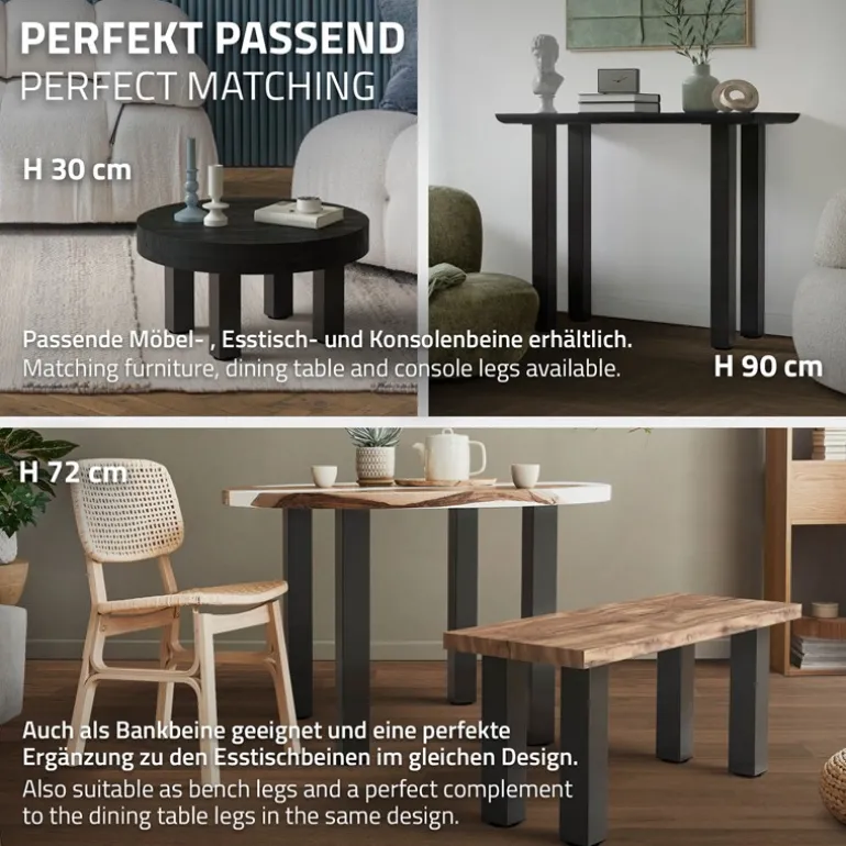 4er Set Tischbeine I-Design 42 cm Dunkelgrau Optik Industrial Stahl pulverbeschichtet eckig Profil 8x8 cm Höhenverstellbare Möbelfüße 1-4 cm ML-Design