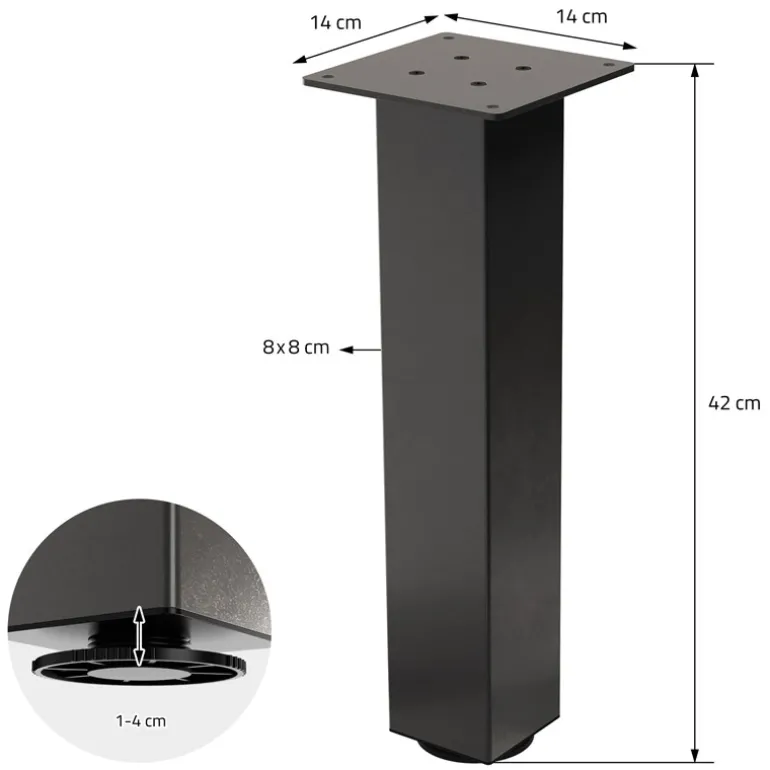 4er Set Tischbeine I-Design 42 cm Dunkelgrau Optik Industrial Stahl pulverbeschichtet eckig Profil 8x8 cm Höhenverstellbare Möbelfüße 1-4 cm ML-Design
