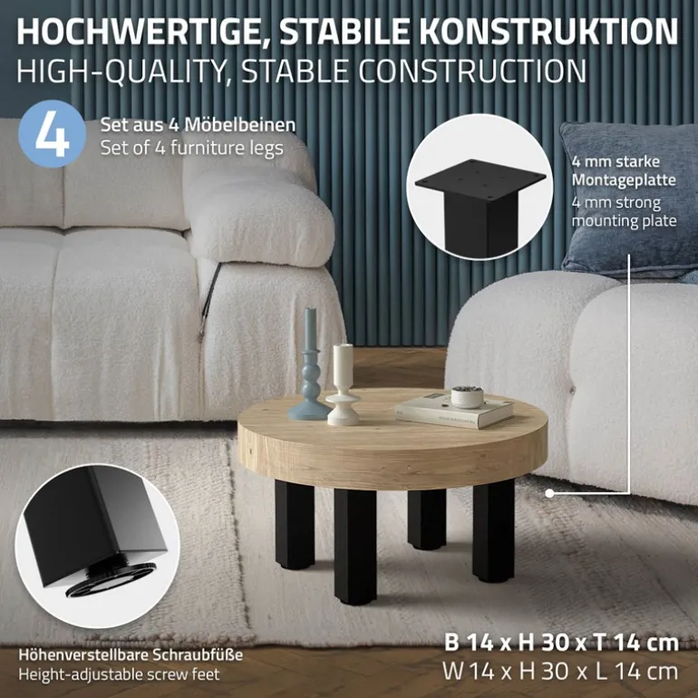4er Set Tischbeine I-Design 30 cm Schwarz glänzend aus pulverbeschichtetem Stahl eckig Profil 8x8 cm Höhenverstellbare Möbelfüße 1-4 cm ML-Design