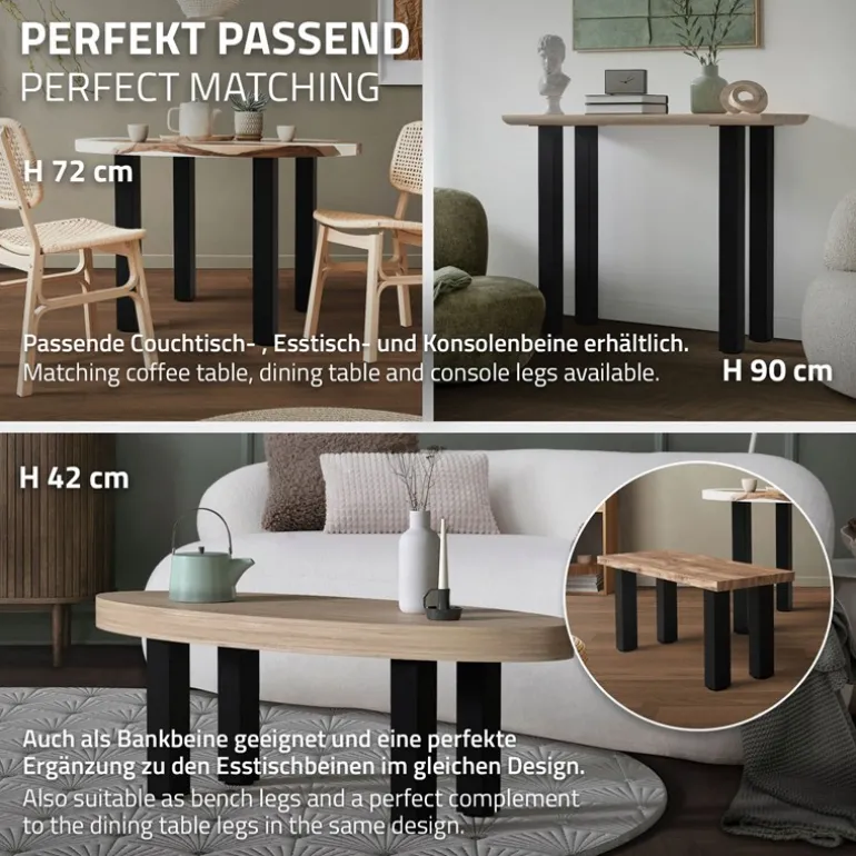 4er Set Tischbeine I-Design 30 cm Schwarz glänzend aus pulverbeschichtetem Stahl eckig Profil 8x8 cm Höhenverstellbare Möbelfüße 1-4 cm ML-Design
