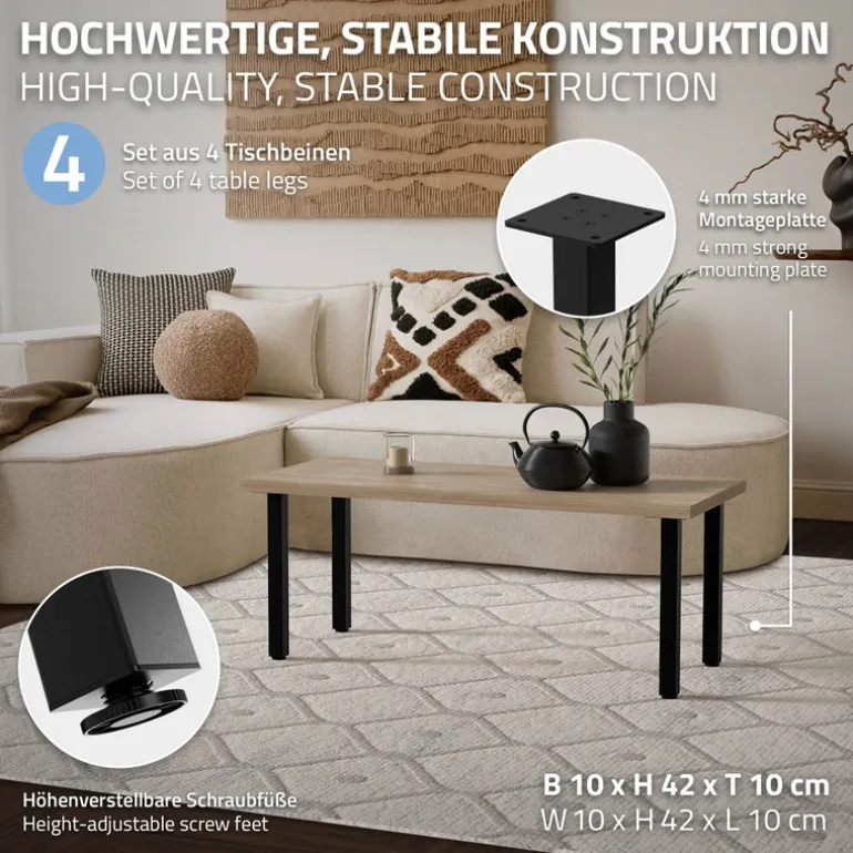 4er Set Tischbeine I-Design 42 cm Schwarz glänzend aus pulverbeschichtetem Stahl eckig Profil 4x4 cm Höhenverstellbare Möbelfüße 1-4 cm