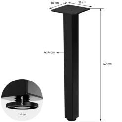 4er Set Tischbeine I-Design 42 cm Schwarz glänzend aus pulverbeschichtetem Stahl eckig Profil 4x4 cm Höhenverstellbare Möbelfüße 1-4 cm