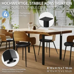 4er Set Tischbeine I-Design 72 cm Schwarz glänzend aus pulverbeschichtetem Stahl eckig Profil 4x4 cm Höhenverstellbare Möbelfüße 1-4cm