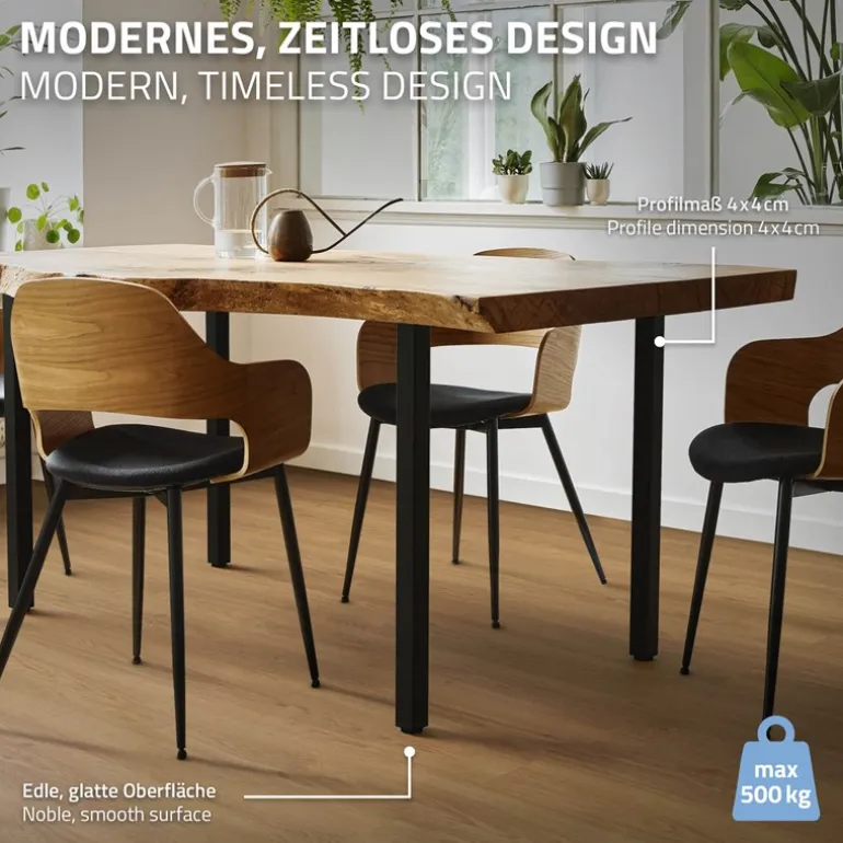 4er Set Tischbeine I-Design 72 cm Schwarz glänzend aus pulverbeschichtetem Stahl eckig Profil 4x4 cm Höhenverstellbare Möbelfüße 1-4cm