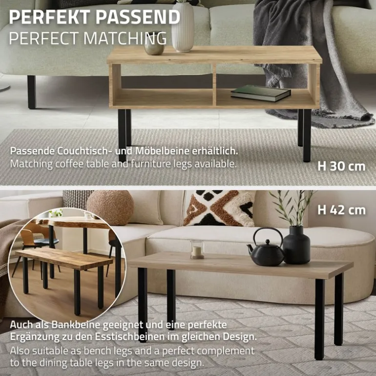 4er Set Tischbeine I-Design 72 cm Schwarz glänzend aus pulverbeschichtetem Stahl eckig Profil 4x4 cm Höhenverstellbare Möbelfüße 1-4cm