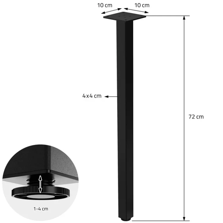 4er Set Tischbeine I-Design 72 cm Schwarz glänzend aus pulverbeschichtetem Stahl eckig Profil 4x4 cm Höhenverstellbare Möbelfüße 1-4cm
