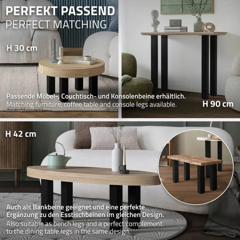 4er Set Tischbeine I-Design 72 cm Schwarz glänzend aus pulverbeschichtetem Stahl eckig Profil 8x8 cm Höhenverstellbare Möbelfüße 1-4cm ML-Design