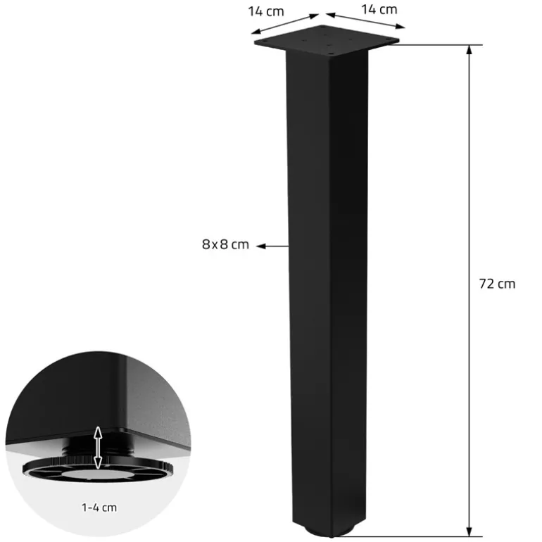 4er Set Tischbeine I-Design 72 cm Schwarz glänzend aus pulverbeschichtetem Stahl eckig Profil 8x8 cm Höhenverstellbare Möbelfüße 1-4cm ML-Design