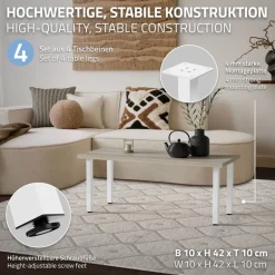 4er Set Tischbeine I-Design 42 cm Weiß glänzend aus pulverbeschichtetem Stahl eckig Vierkantprofil 4x4 cm Höhenverstellbare Möbelfüße 1-4 cm