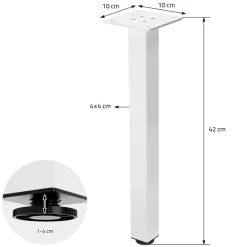 4er Set Tischbeine I-Design 42 cm Weiß glänzend aus pulverbeschichtetem Stahl eckig Vierkantprofil 4x4 cm Höhenverstellbare Möbelfüße 1-4 cm