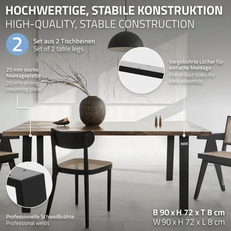 2er Set Tischbeine Loft 90x72 cm Schwarz Profil 8x2 cm aus Stahl U-Form ML-Design