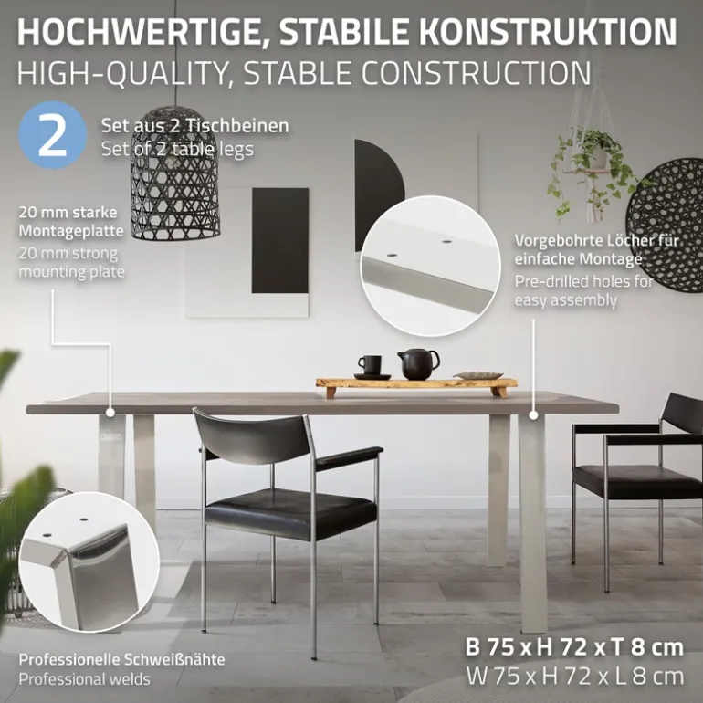 2er Set Tischbeine Loft 75x72 cm Silber Profil 8x2cm aus Edelstahl U-Form ML-Design