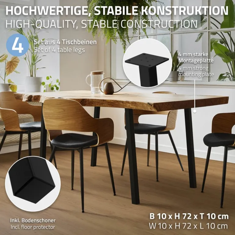 4er Set Tischbeine schräg 72 cm Schwarz glänzend aus pulverbeschichtetem Stahl eckig Profil 4x4 cm I-Form 96° Neigung ML-Design