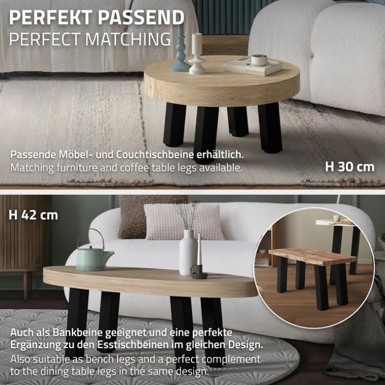 4er Set Tischbeine schräg 72 cm Schwarz glänzend aus Stahl eckig Profil 8x8 cm I-Form 96° Neigung ML-Design