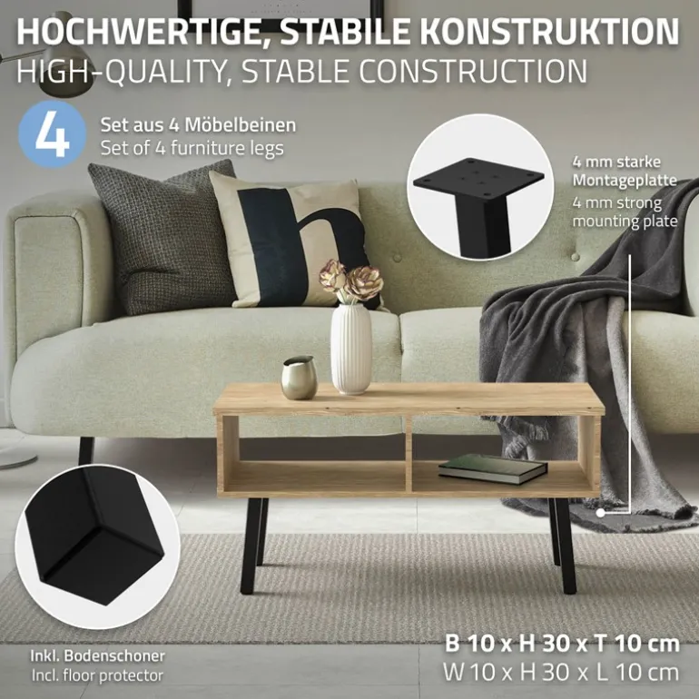 4er Set Tischbeine schräg H30 cm Schwarz glänzend aus pulverbeschichtetem Stahl eckig Profil 4x4 cm I-Form ML-Design