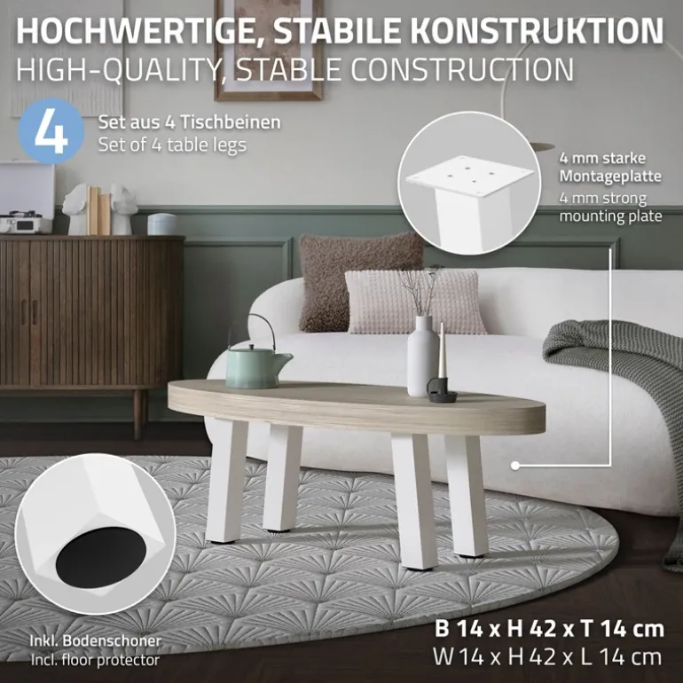 4er Set Tischbeine schräg H:42 cm Weiß glänzend aus Stahl eckig Profil 8x8 cm I-Form 96° Neigung ML-Design