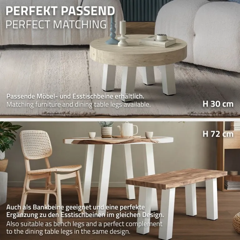 4er Set Tischbeine schräg H:42 cm Weiß glänzend aus Stahl eckig Profil 8x8 cm I-Form 96° Neigung ML-Design
