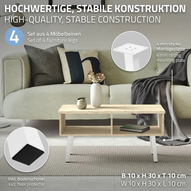 4er Set Tischbeine schräg H30 cm Weiß glänzend aus pulverbeschichtetem Stahl eckig Profil 4x4 cm I-Form 96° Neigung ML-Design