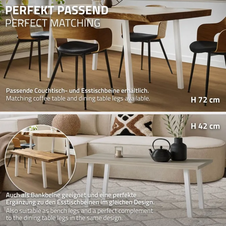 4er Set Tischbeine schräg H30 cm Weiß glänzend aus pulverbeschichtetem Stahl eckig Profil 4x4 cm I-Form 96° Neigung ML-Design