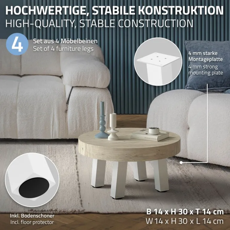 4er Set Tischbeine schräg H30 cm Weiß glänzend aus Stahl eckig Profil 8x8 cm I-Form 96° Neigung ML-Design