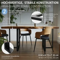 2er Set Tischgestell B60xH72 cm in T-Form Metall Schwarz ML-Design