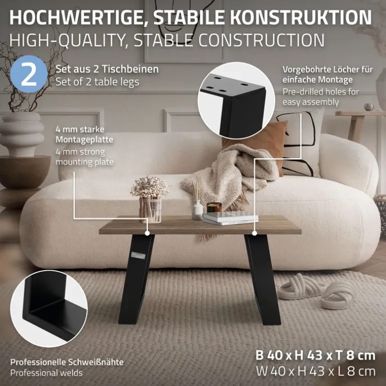 2er Set Tischkufen Bankkufen 80GRAD Neigung 40x43 cm Schwarz matt 8x2 cm Metall ML-Design
