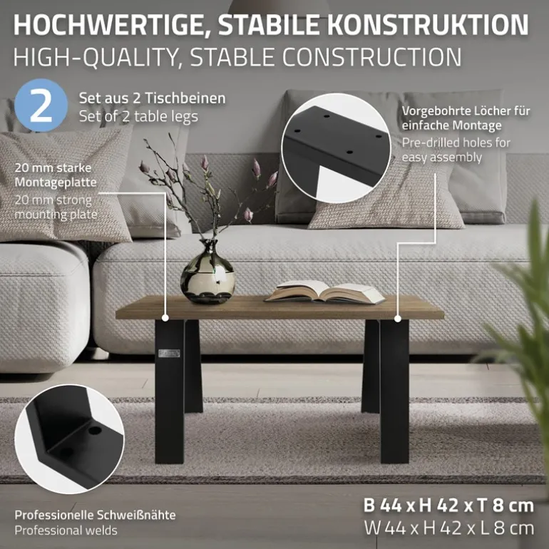 2er Set Tischkufen Bankkufen Loft 44x42 cm Schwarz Profil 8x2 cm Stahl U-Form ML-Design