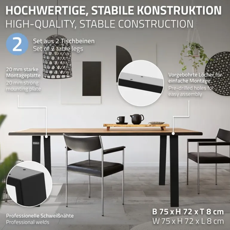 2er Set Tischkufen Loft 75x72 cm Schwarz Profil 8x2 cm aus Stahl U-Form ML-Design