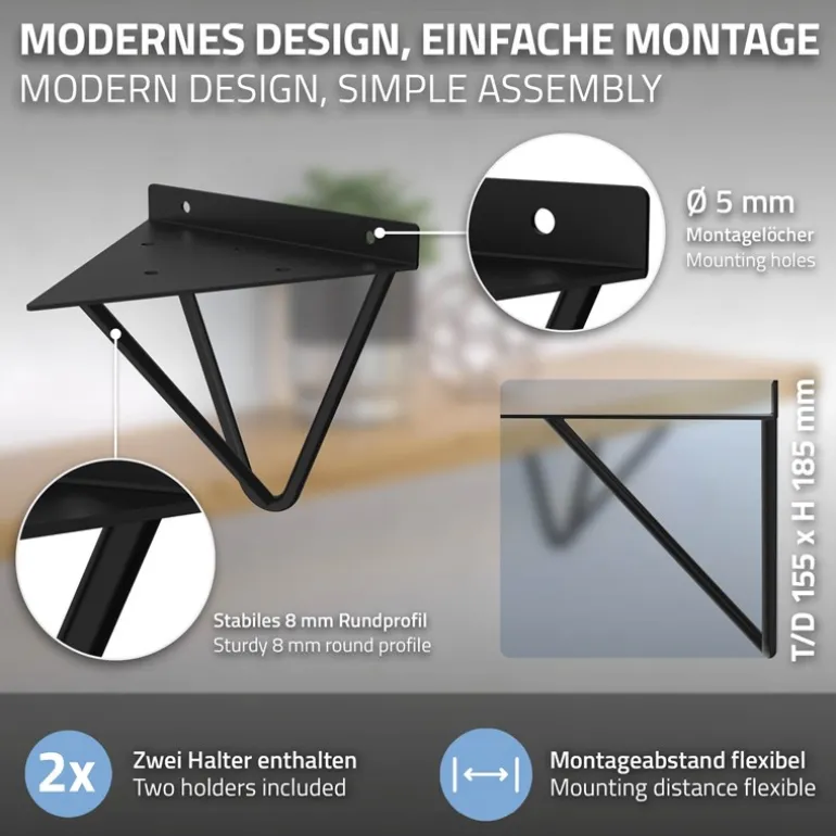 2er Set Wandkonsole Regalhalterung 2er Set 160 x 155 x 170 mm Schwarz aus Stahl ML-Design