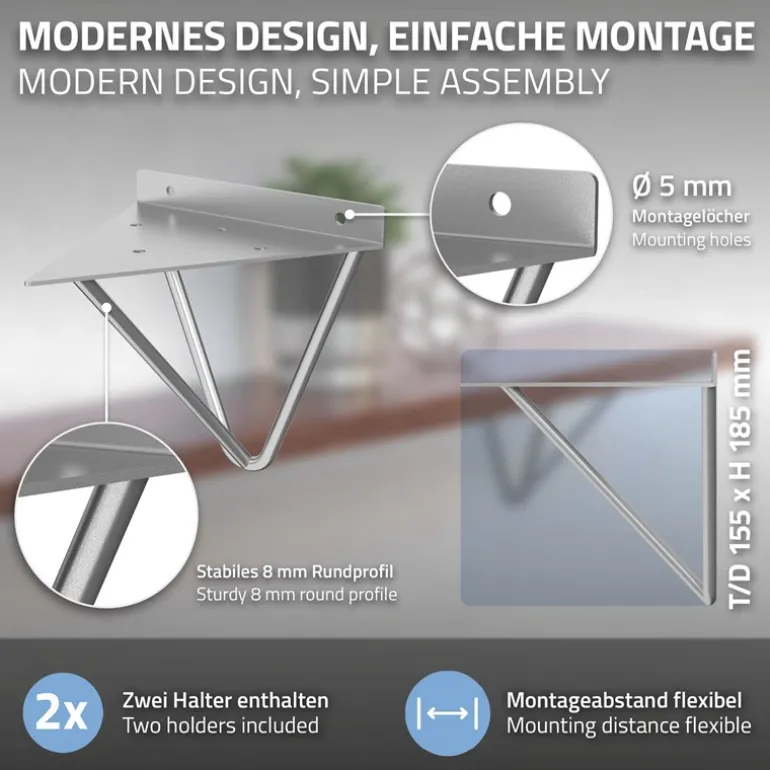2er Set Wandkonsole Regalhalterung 2x 160 x 155 x 170 mm Grau aus Stahl ML-Design
