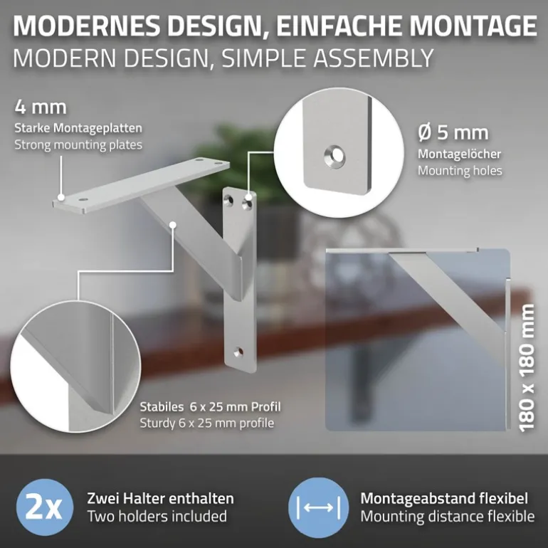 2er Set Wandkonsole Regalhalterung 2x 180 x 180 mm Silber aus Aluminium ML-Design