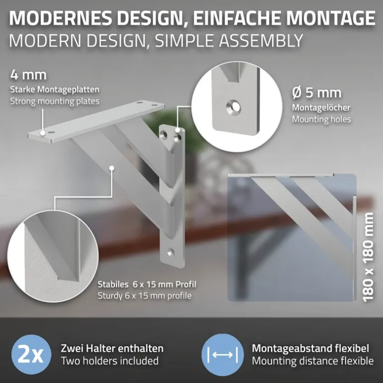 2er Set Wandkonsole Regalhalterung 2x 180 x 180 mm Silber aus Aluminium ML-Design
