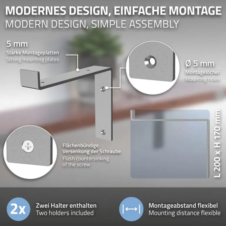 2er Set Wandkonsole Regalhalterung 2x 200 x 145 mm Grau aus Stahl ML-Design