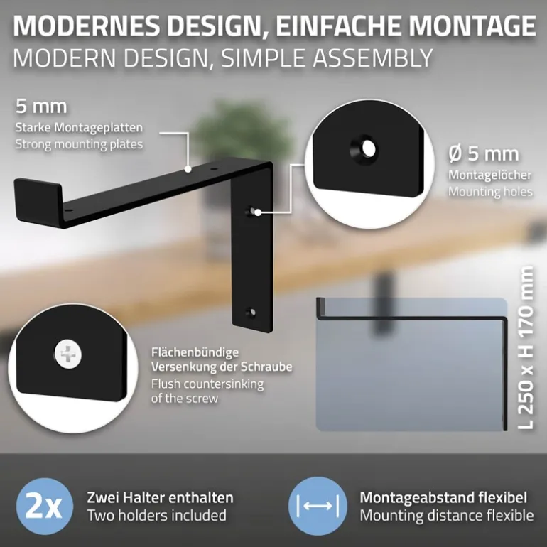 2er Set Wandkonsole Regalhalterung 2x 250 x 145 mm Schwarz aus Stahl ML-Design