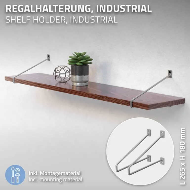 2er Set Wandkonsole Regalhalterung 2x 265 x 180 mm Grau aus Stahl ML-Design
