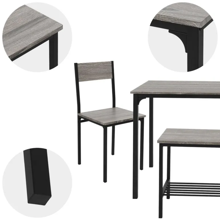 Esszimmergruppe mit Bank 4-Teilig mit Esstisch und Stühlen Eiche Grau Stahlgestell ML-Design